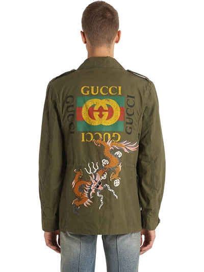 hk army gucci print|Military cloth jacket with Gucci label in black .